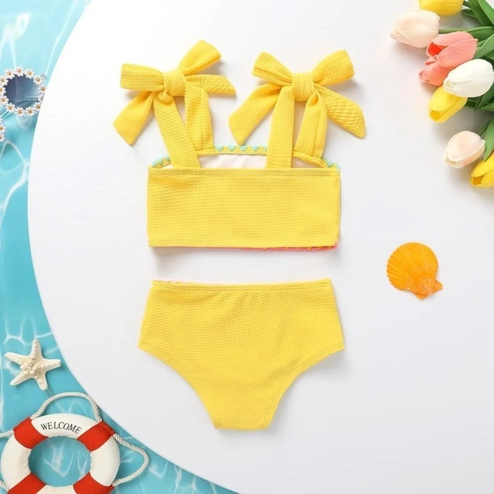 Younger Tree Kids Yellow Waffle Knit Ric Rac Two Piece Swimsuit UPF 50+ 5-6T